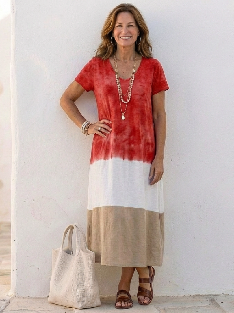Isadora | Women's V-Neck Midi Dress with Color Block Design