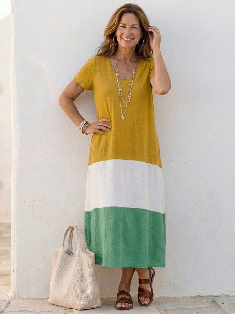 Isadora | Women's V-Neck Midi Dress with Color Block Design