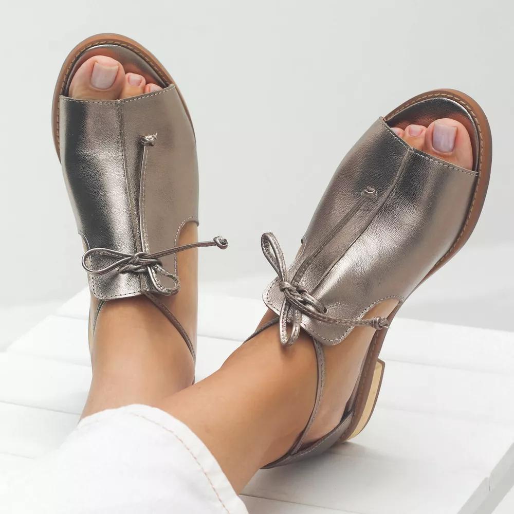 Stella | Women's Flat Metallic Open-Toe Sandals with Bow Tie Strap