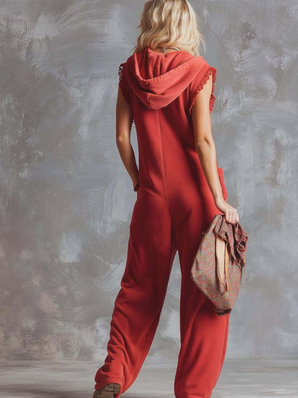 Kendra | Women's Red Sleeveless Hooded Jumpsuit