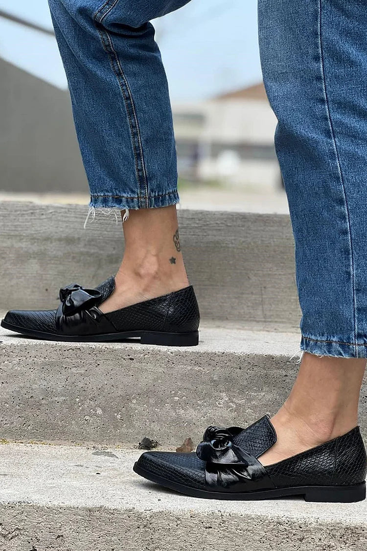 Leonie | Women's Black Bow Detail Slip-On Loafers