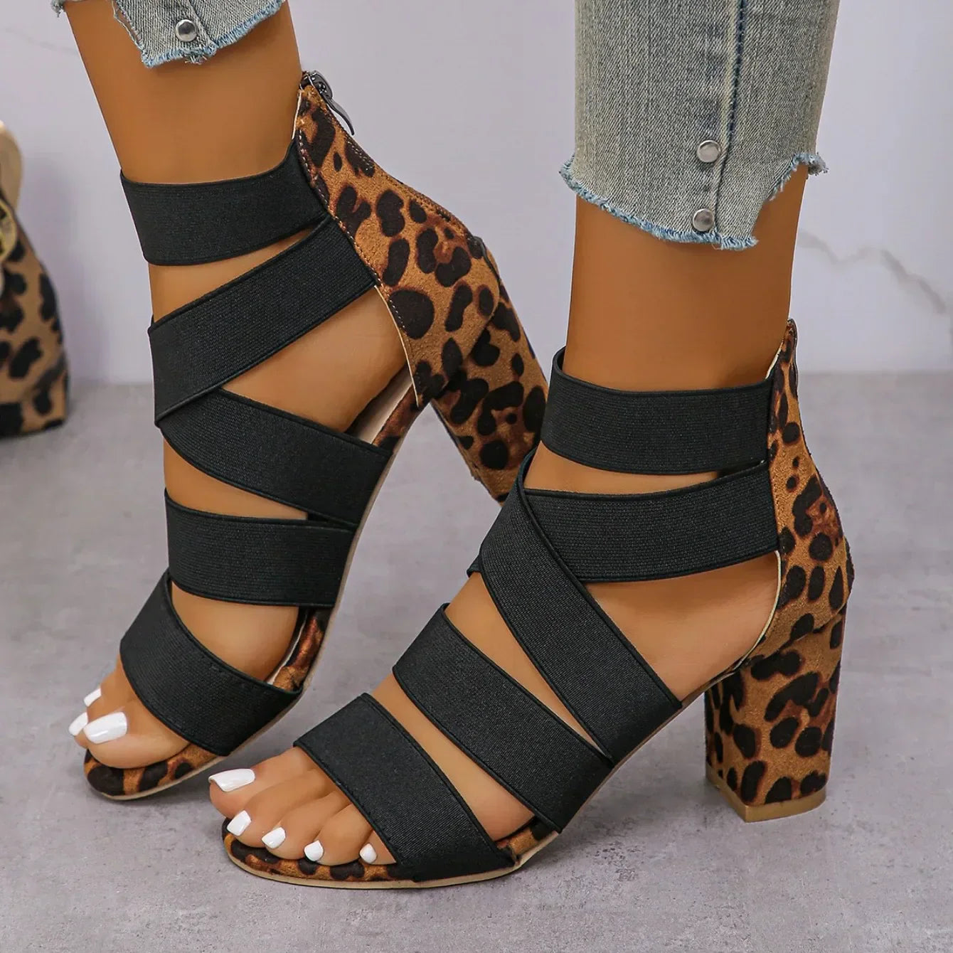 Lila | Women's Strappy Block Heel Sandals in Leopard Print