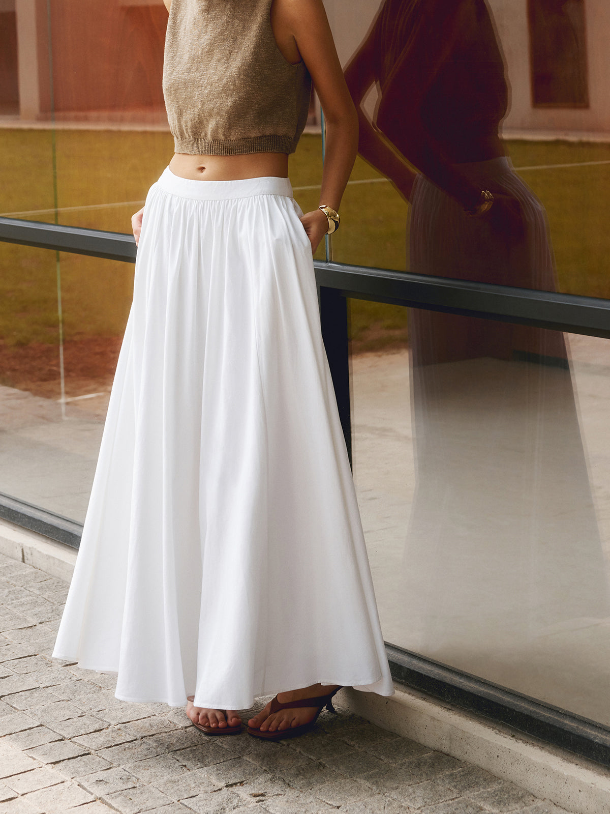 Florence | Women's High-Waisted Pleated A-Line Maxi Skirt Featuring Pockets