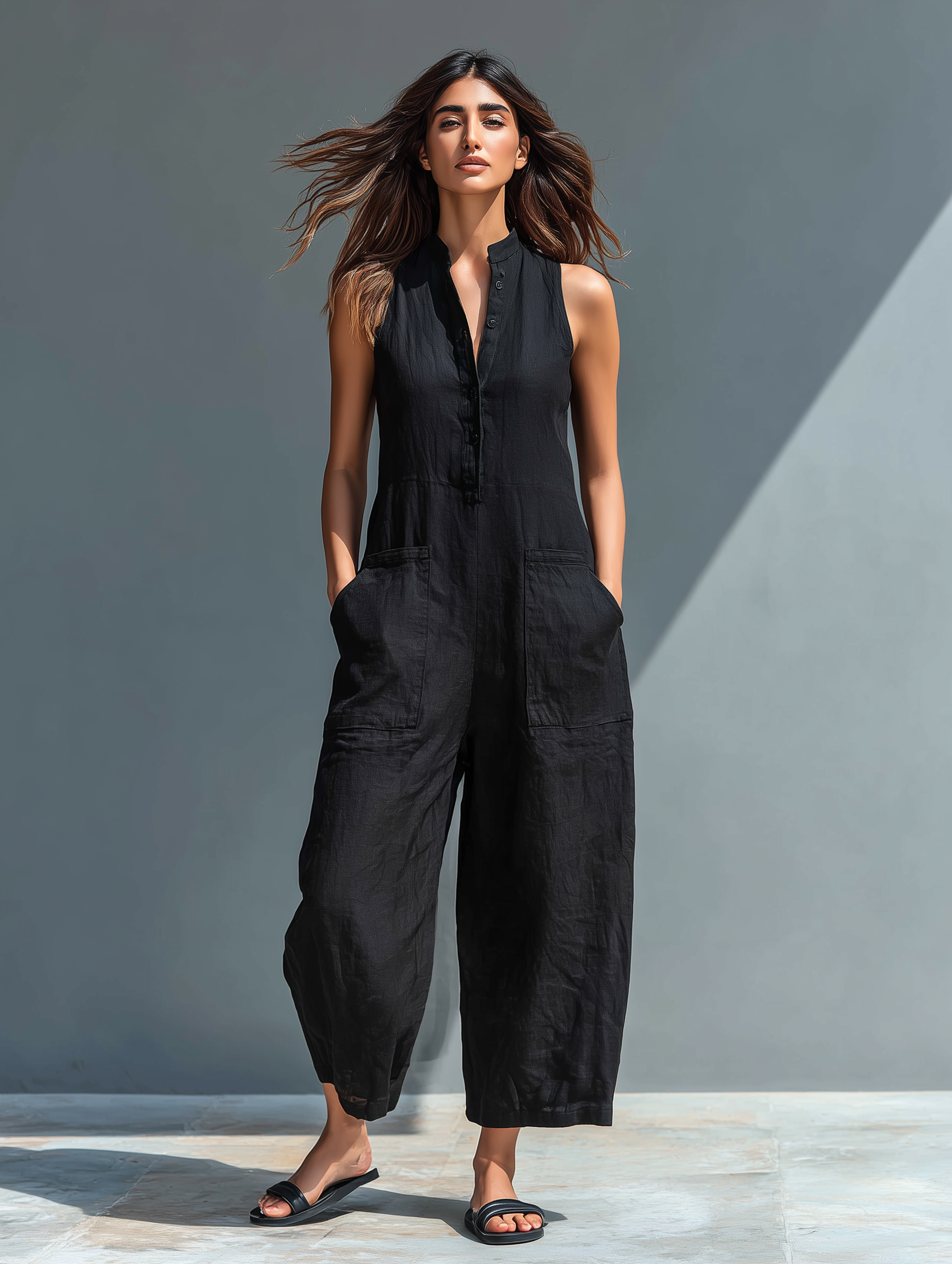 Lysandra | Women's Sleeveless Wide Leg Jumpsuit with Button Front