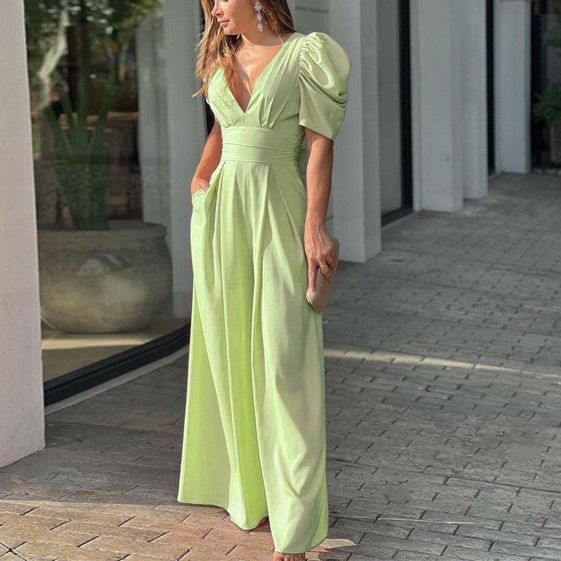 Marigold | Women's V-Neck Puff Sleeve Wide-Leg Jumpsuit