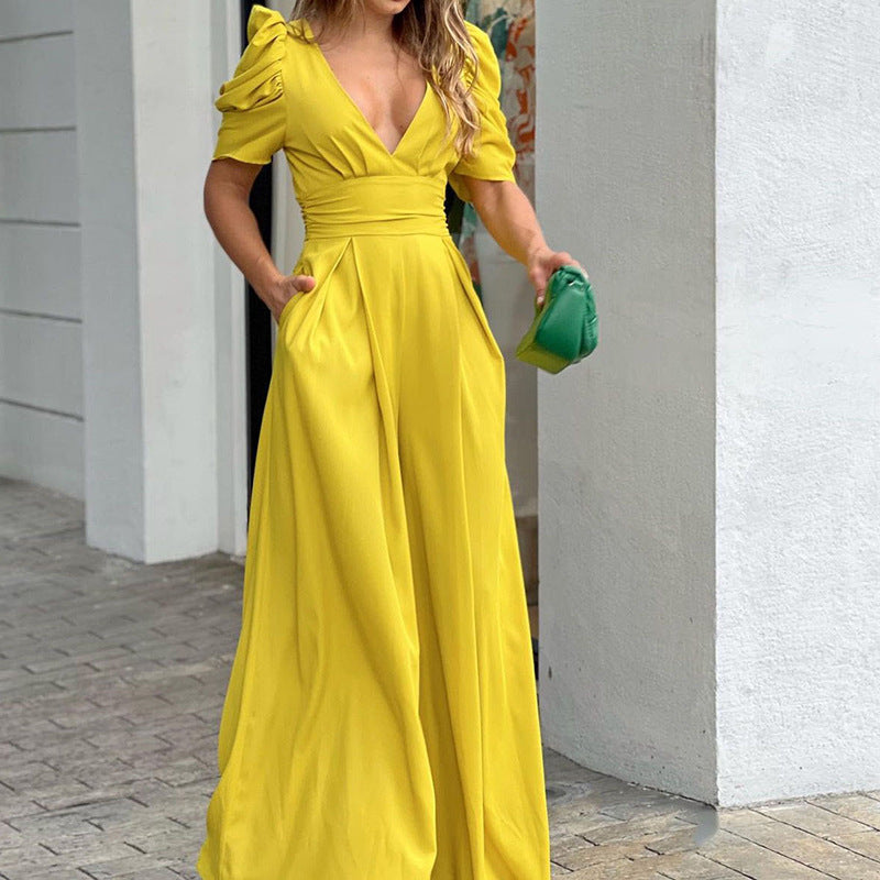 Marigold | Women's V-Neck Puff Sleeve Wide-Leg Jumpsuit