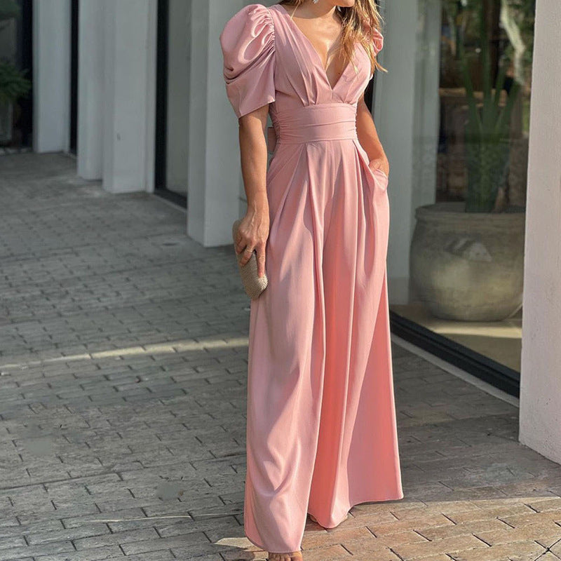 Marigold | Women's V-Neck Puff Sleeve Wide-Leg Jumpsuit