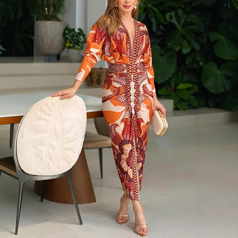 Narcissa | Women's V-Neck Printed Bodycon Midi Dress