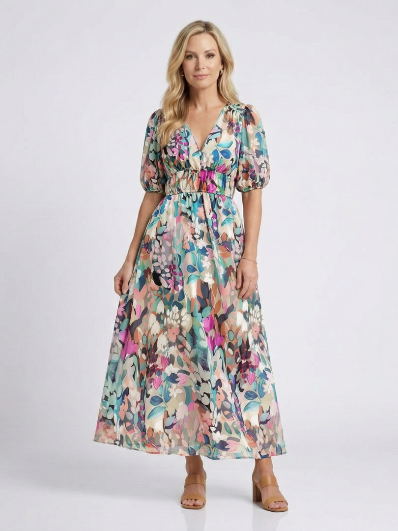 Octavia | Women's Midi Dress with Floral V-Neck Design