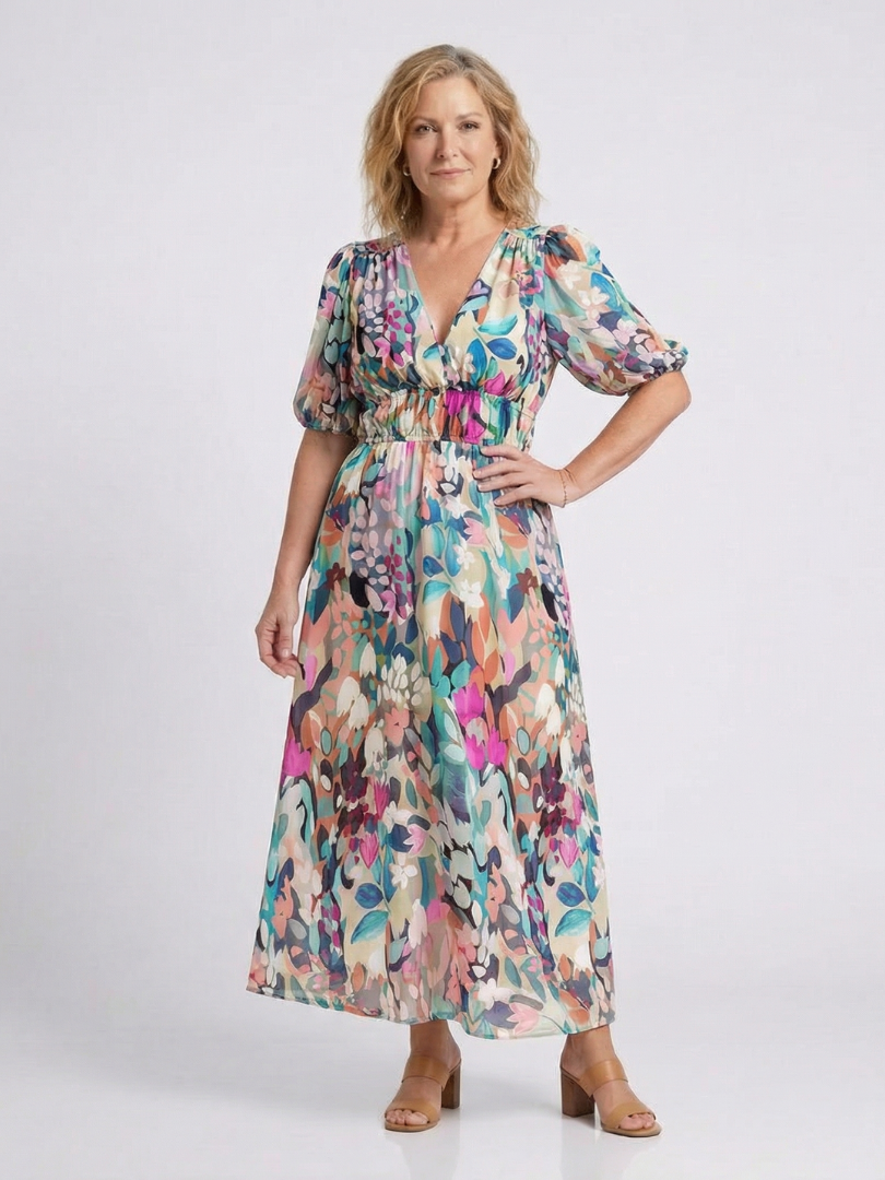 Octavia | Women's Midi Dress with Floral V-Neck Design