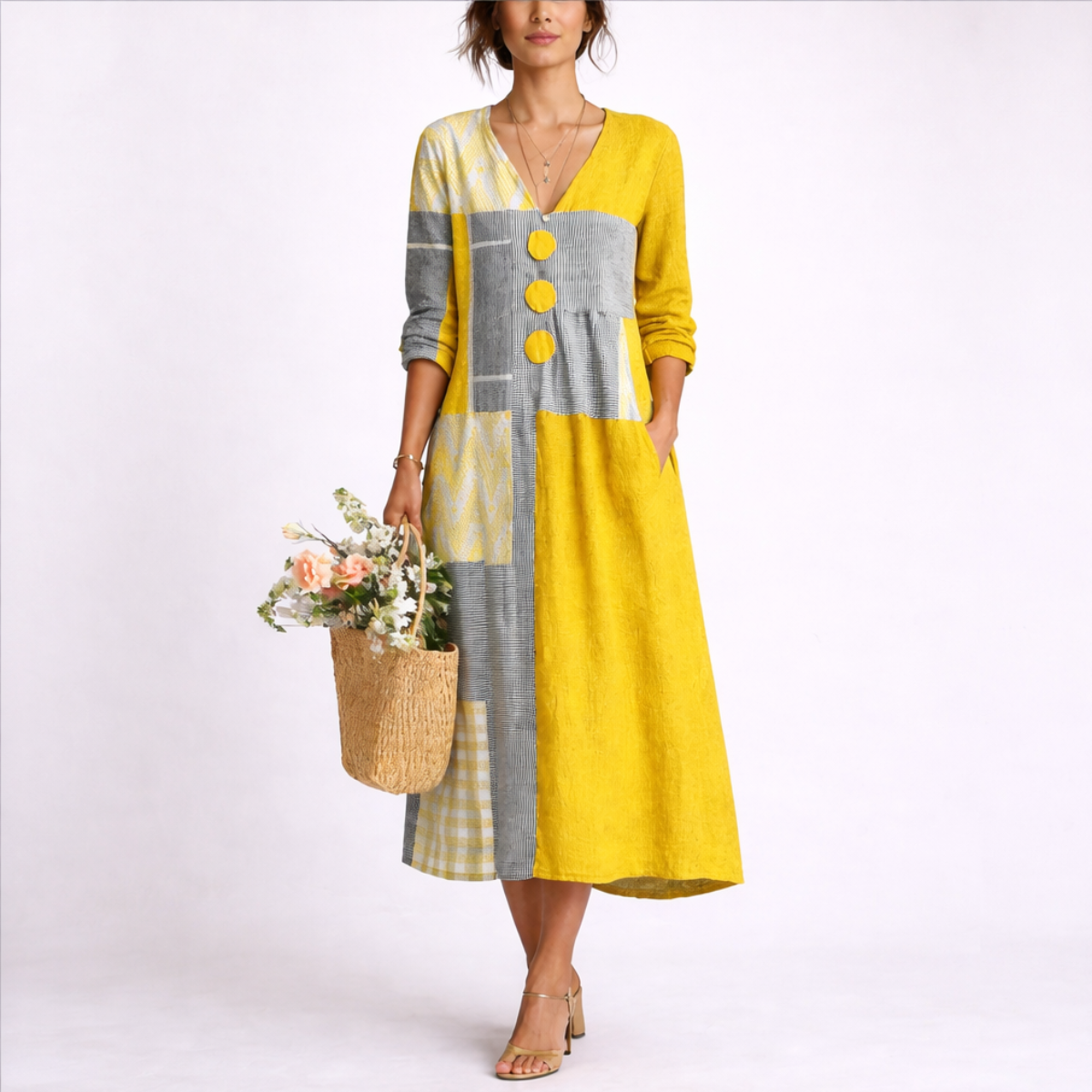 Octaviana | Women's Midi Dress with V-Neck and Patchwork Design