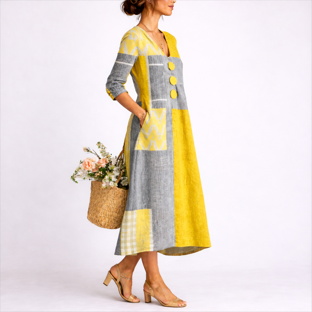 Octaviana | Women's Midi Dress with V-Neck and Patchwork Design
