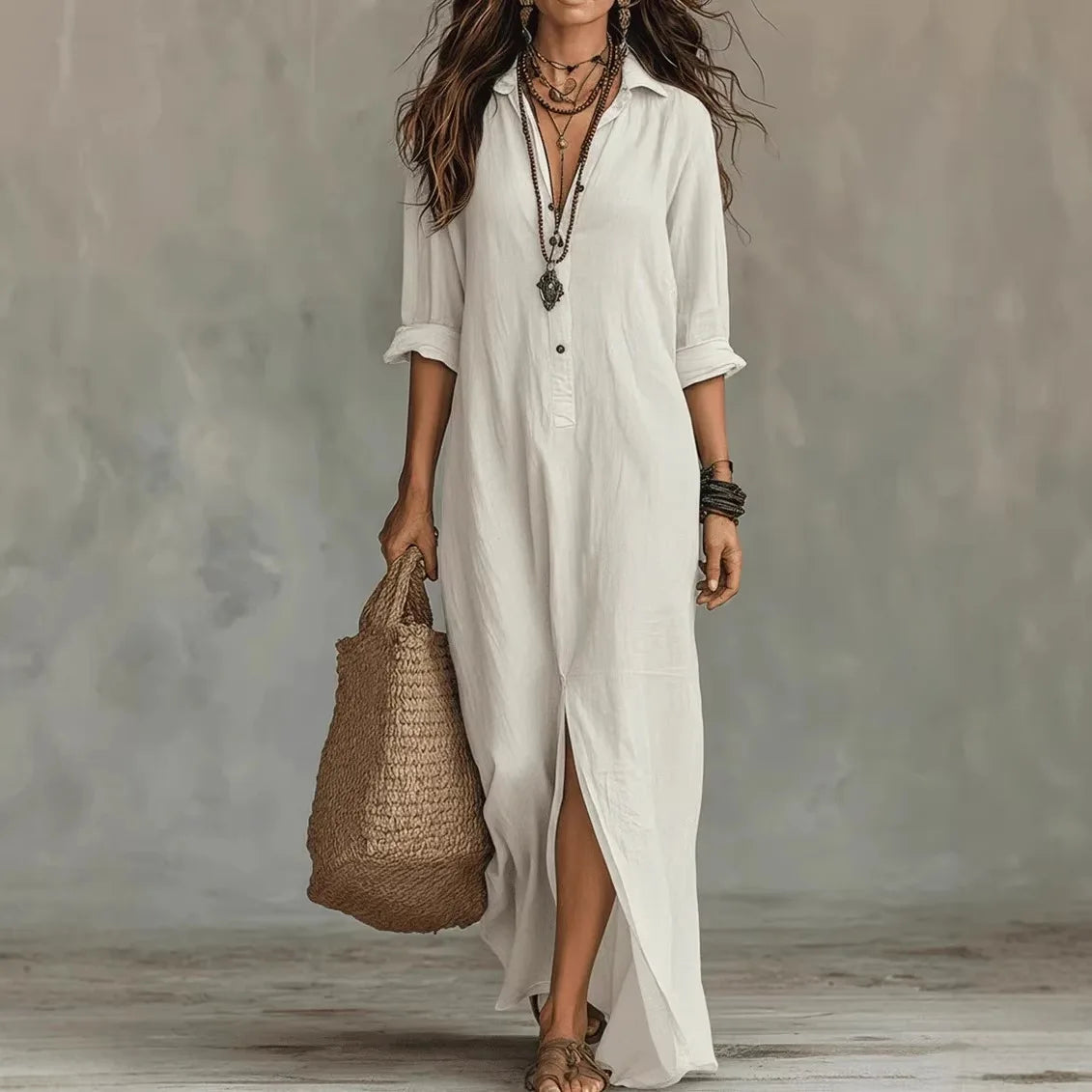 Ophelia | Women's Long Sleeve Maxi Shirt Dress with Collar