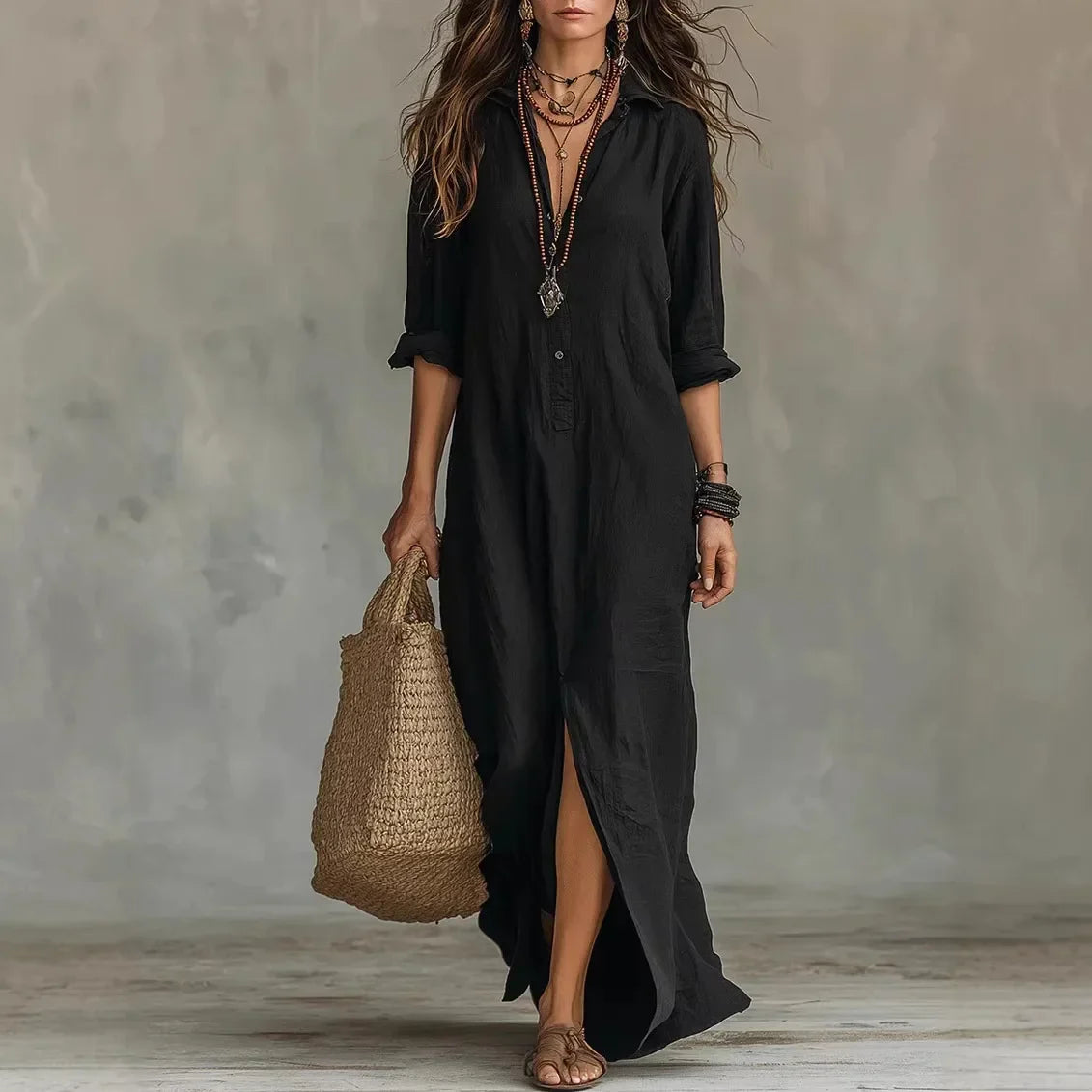 Ophelia | Women's Long Sleeve Maxi Shirt Dress with Collar