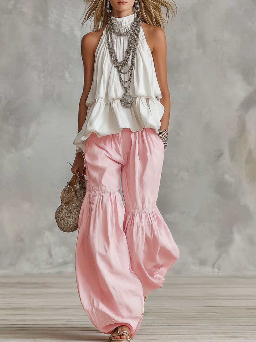 Ophira | Women's Sleeveless Mock Neck Top with Wide Leg Pants Set