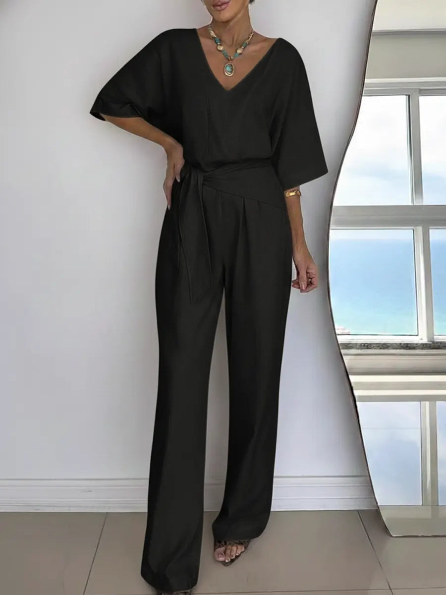 Relaxed Tie-Waist Wide Leg Jumpsuit