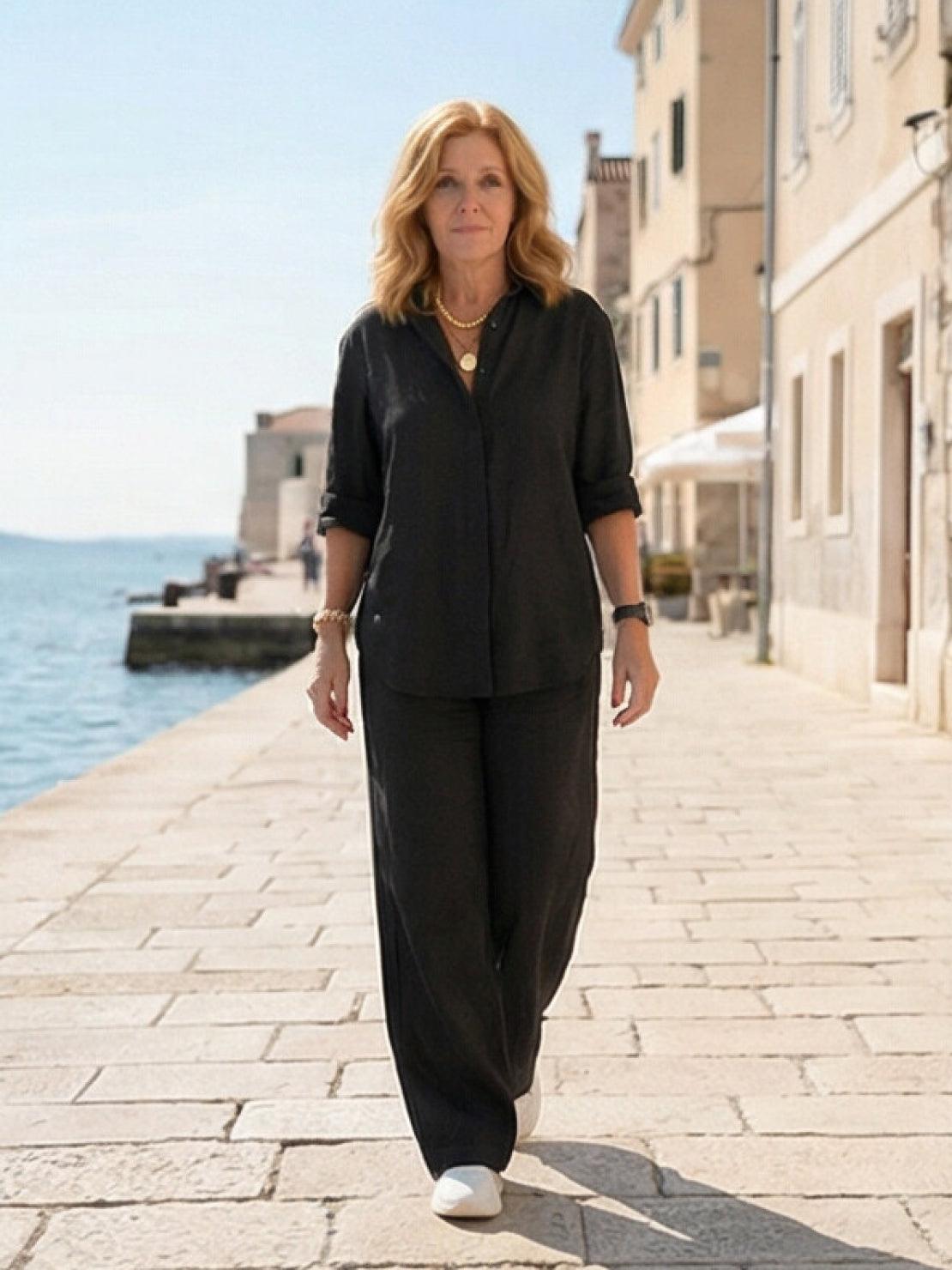 Vivian | Women's Relaxed Button-Up Shirt and Wide-Leg Pant Ensemble