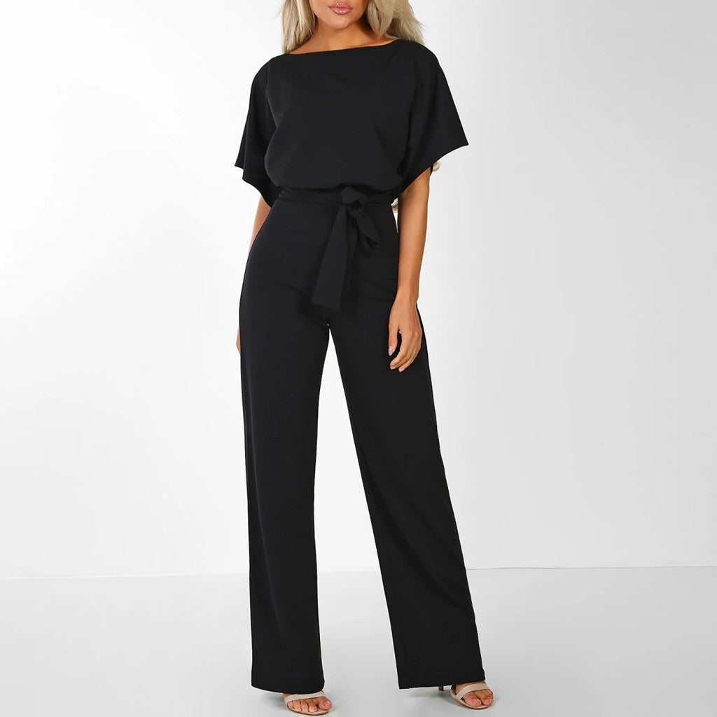 Penelope | Women's Belted Wide Leg Short Sleeve Jumpsuit