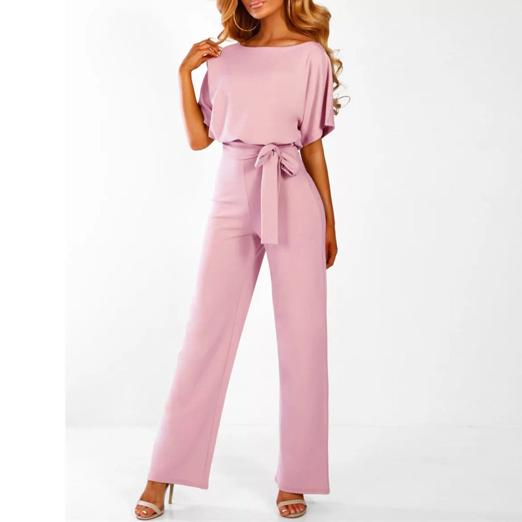 Penelope | Women's Belted Wide Leg Short Sleeve Jumpsuit