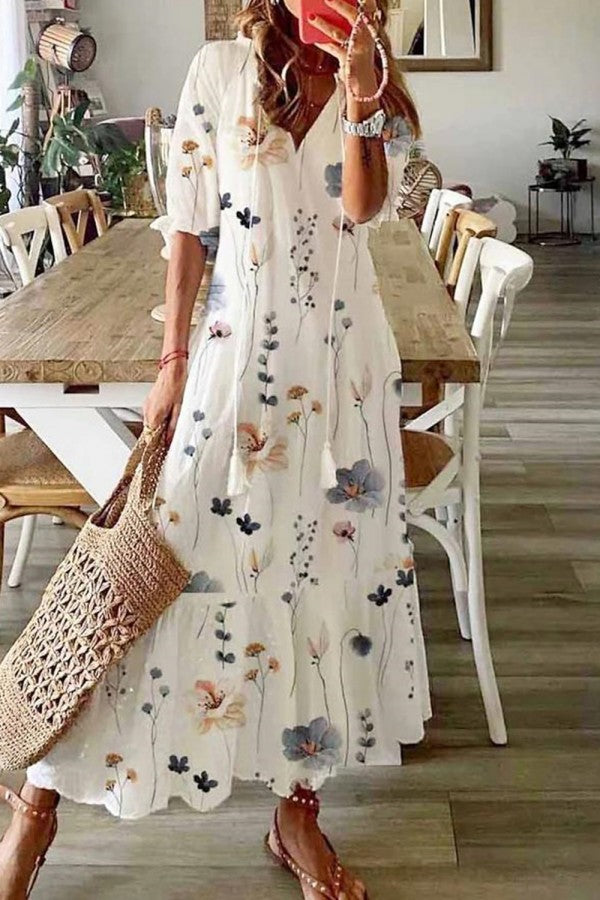 Flora | Boho Women's V-Neck Maxi Dress with Floral Print and Tassels