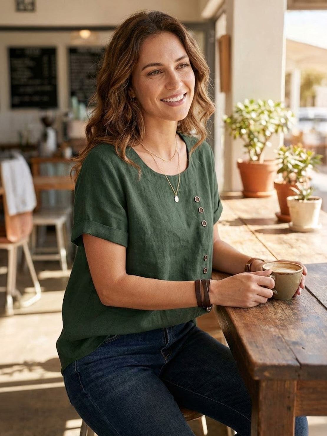 Foreen | Women's Casual Short Sleeve Top with Scoop Neck and Button Details