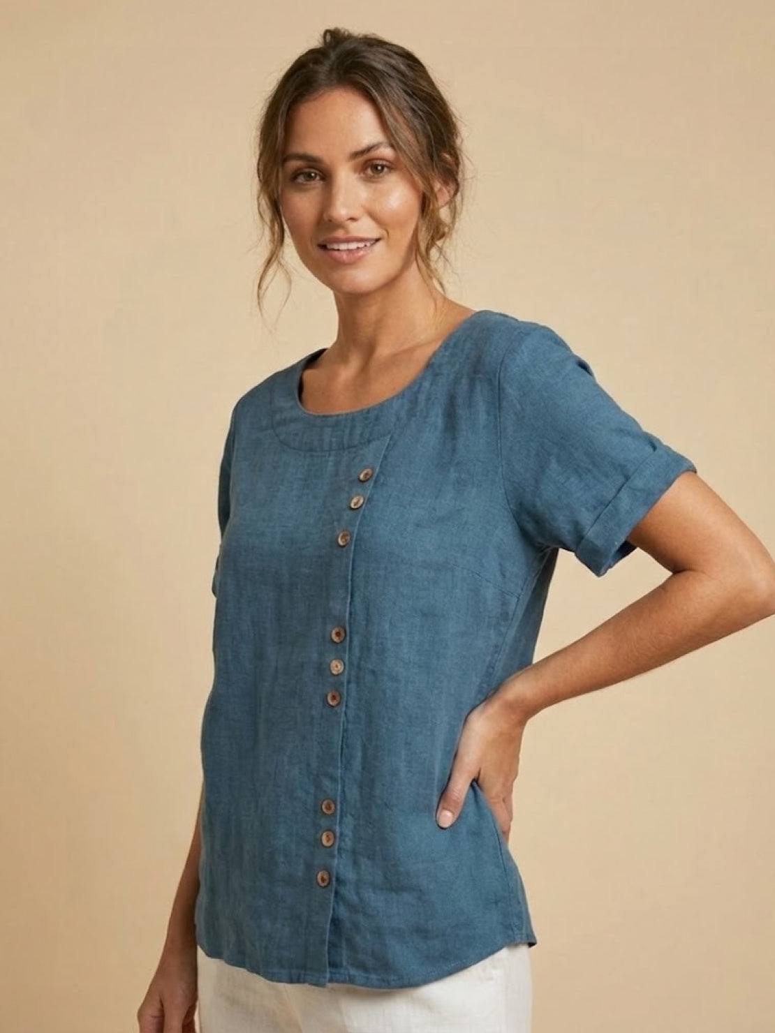 Foreen | Women's Casual Short Sleeve Top with Scoop Neck and Button Details
