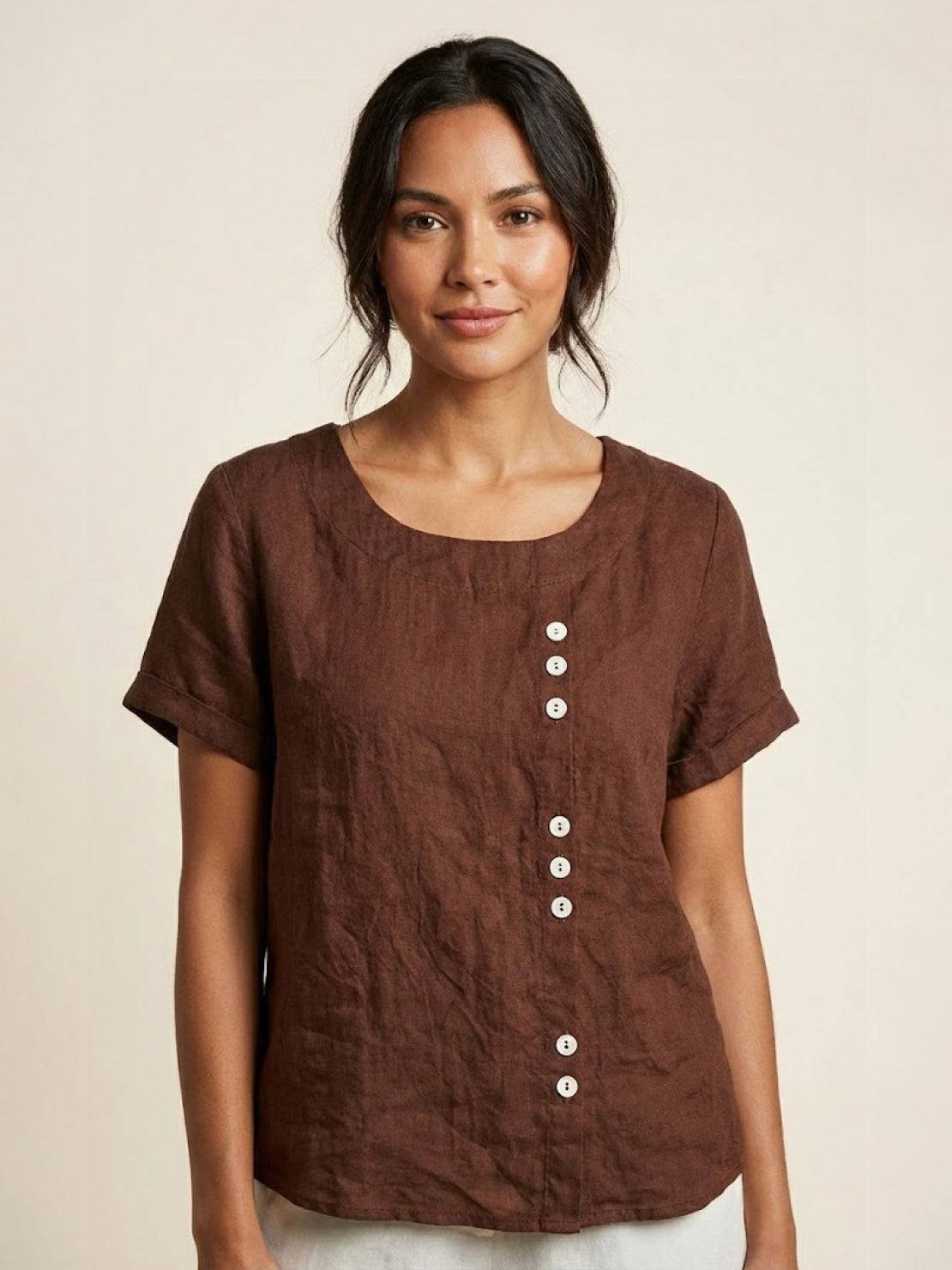 Foreen | Women's Short Sleeve Scoop Neck Top with Button Details