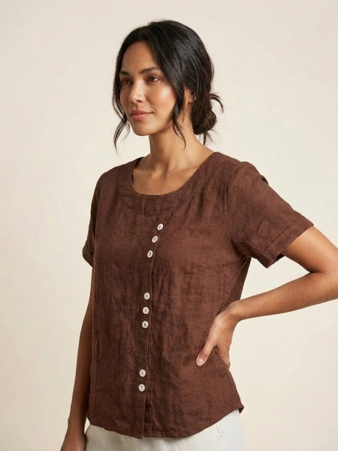 Foreen | Women's Casual Short Sleeve Top with Scoop Neck and Button Details