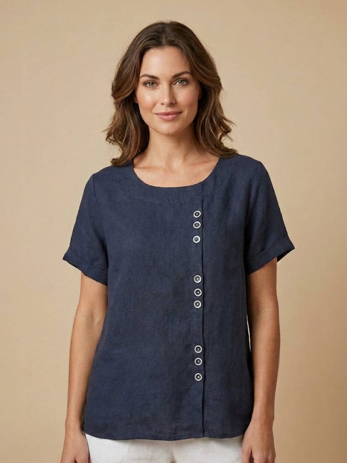 Foreen | Women's Casual Short Sleeve Top with Scoop Neck and Button Details