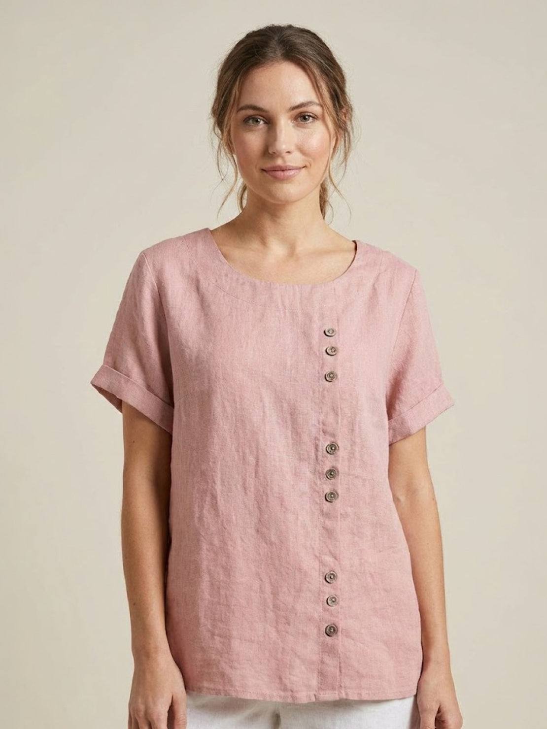 Foreen | Women's Casual Short Sleeve Top with Scoop Neck and Button Details