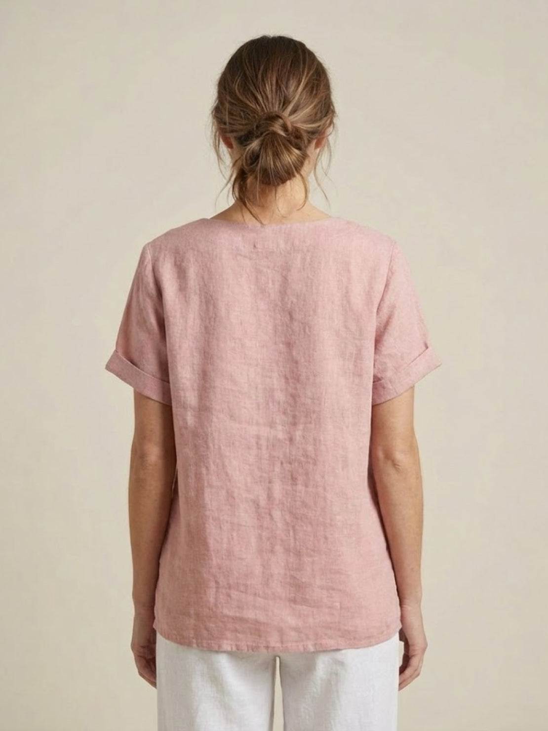 Foreen | Women's Short Sleeve Scoop Neck Top with Button Details