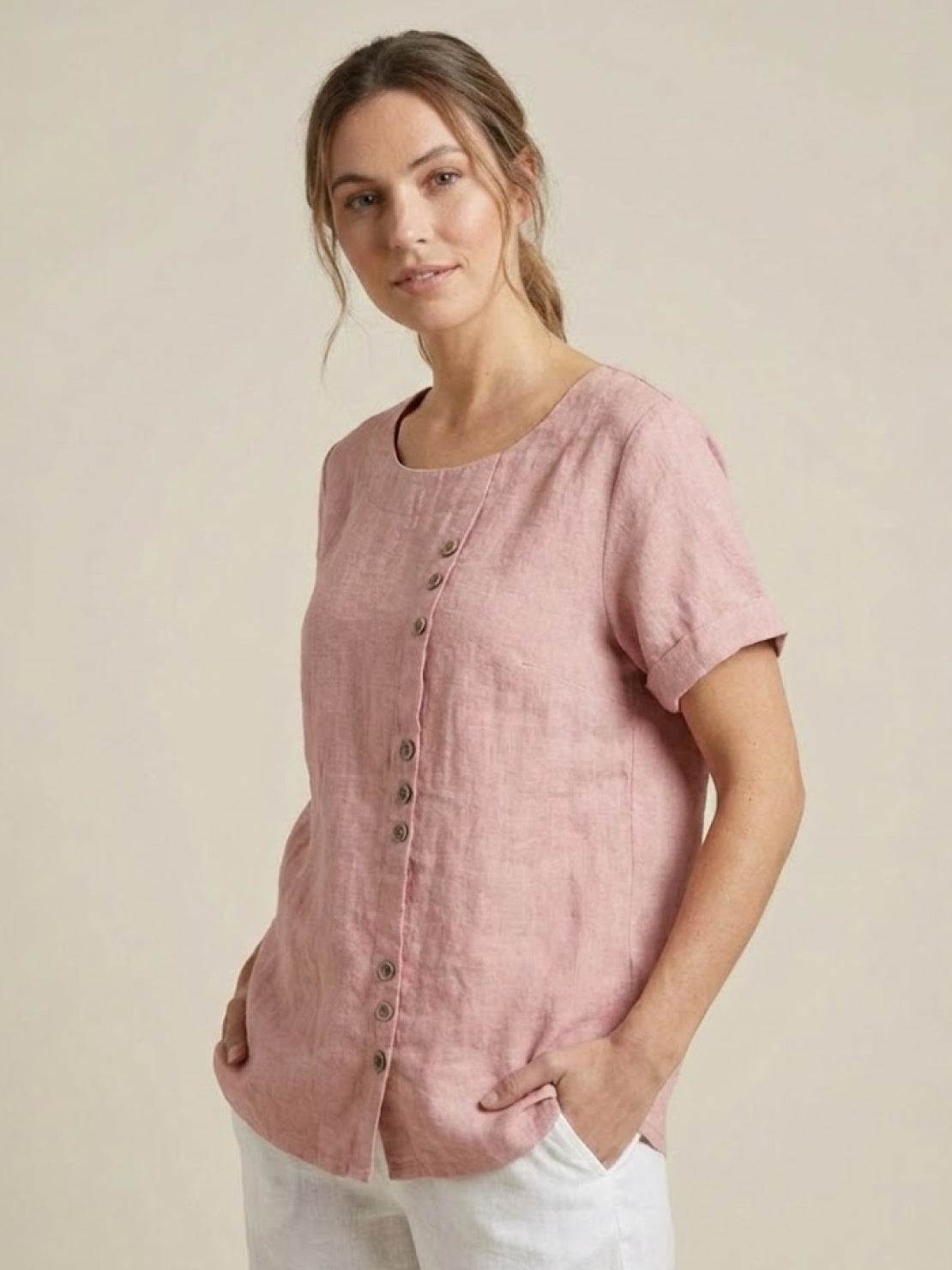 Foreen | Women's Short Sleeve Scoop Neck Top with Button Details