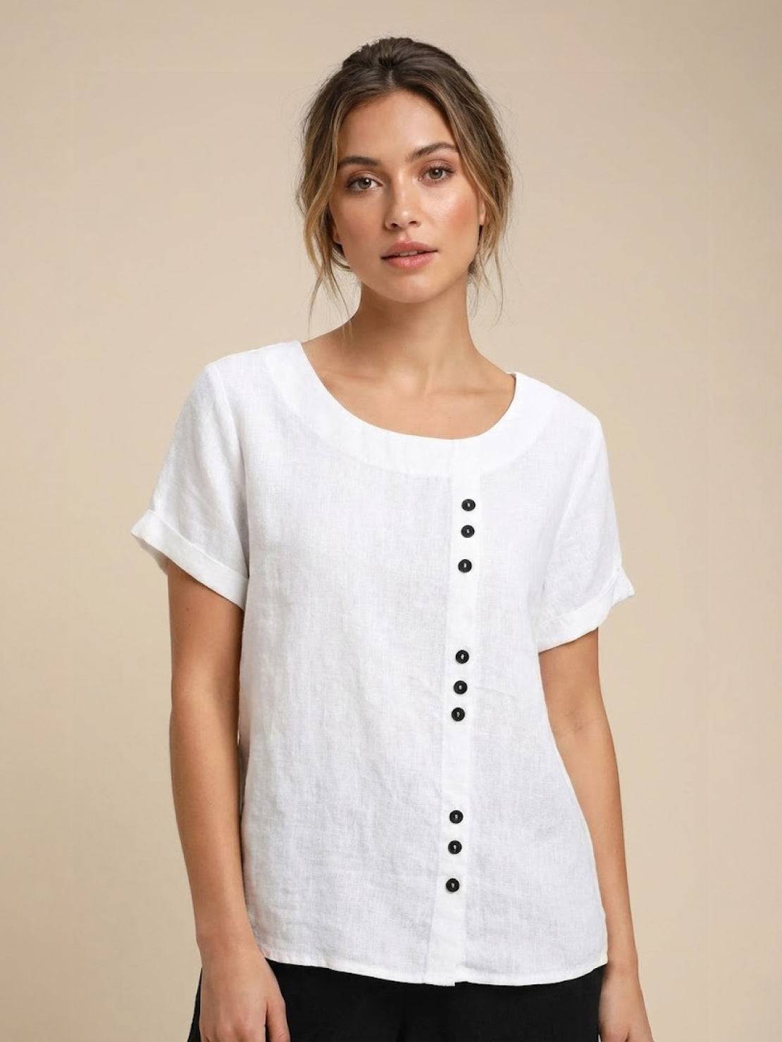 Foreen | Women's Short Sleeve Scoop Neck Top with Button Details