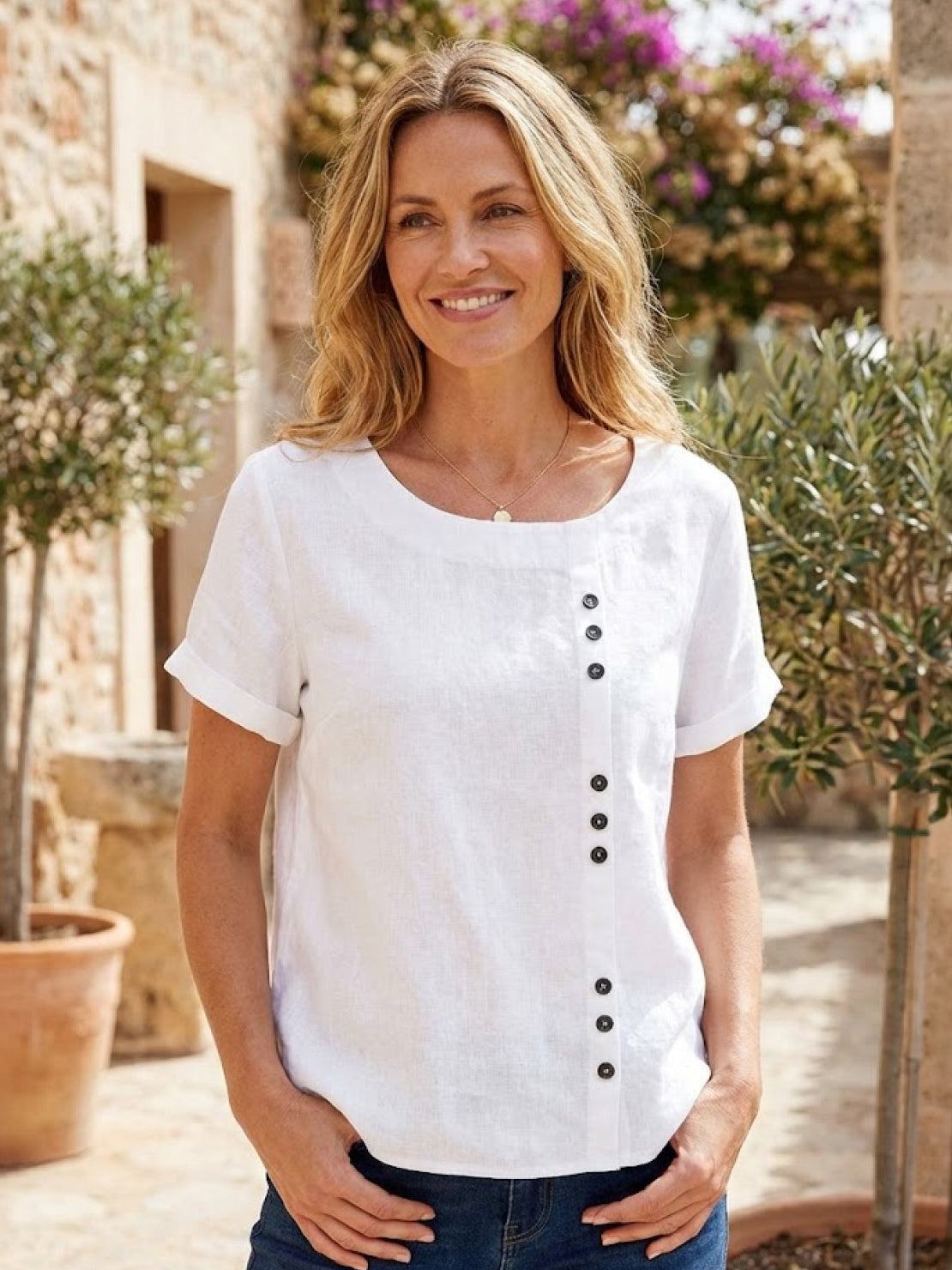 Foreen | Women's Casual Short Sleeve Top with Scoop Neck and Button Details