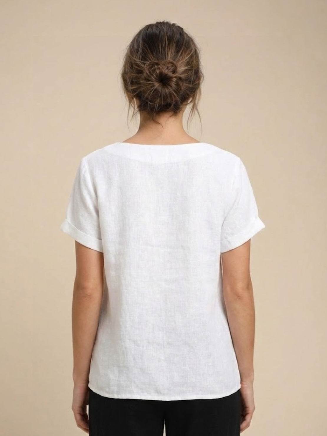 Foreen | Women's Short Sleeve Scoop Neck Top with Button Details