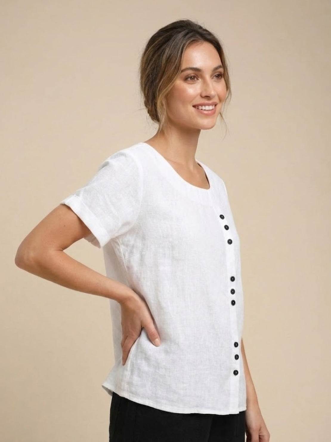 Foreen | Women's Short Sleeve Scoop Neck Top with Button Details