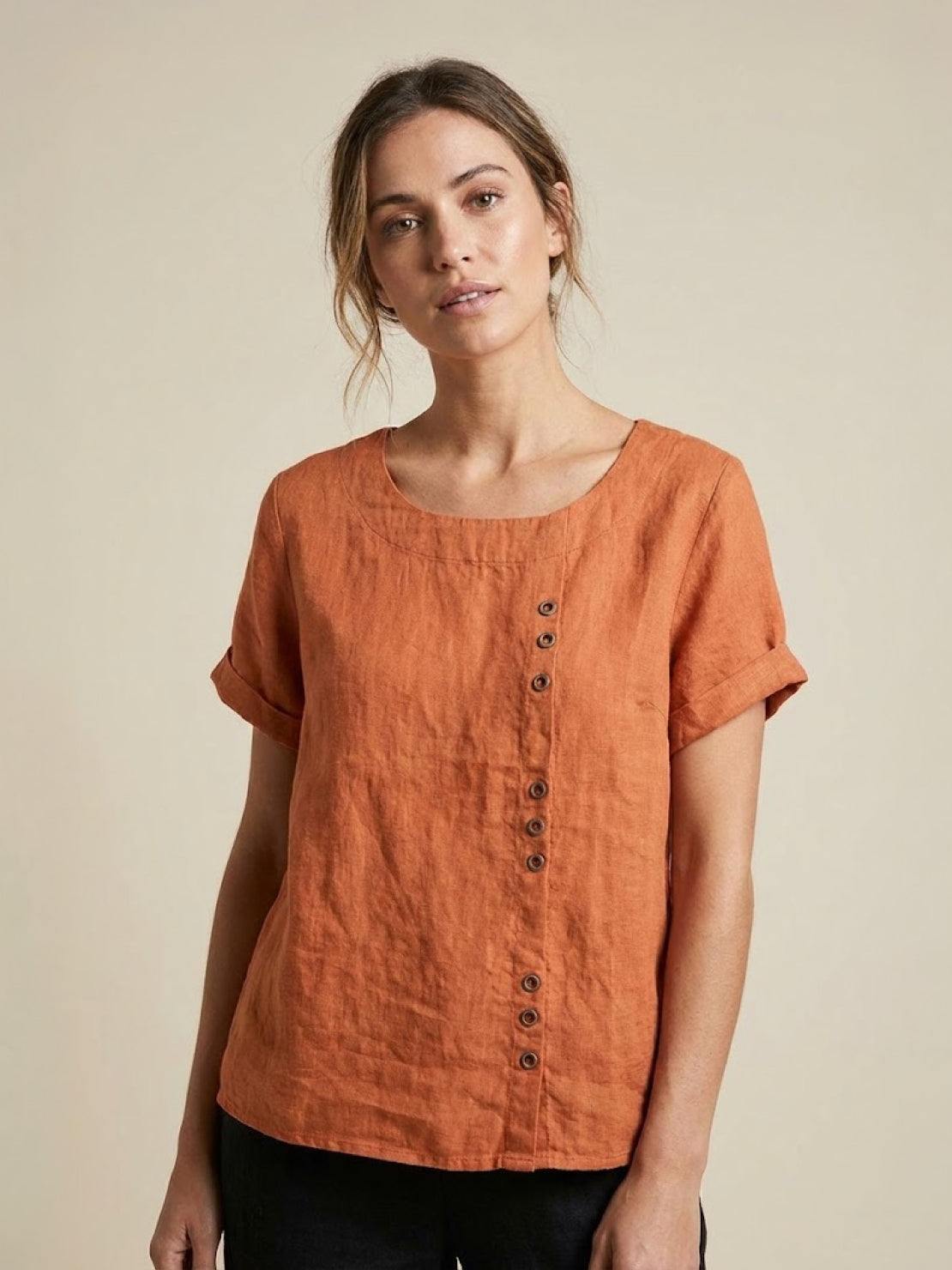 Foreen | Women's Casual Short Sleeve Top with Scoop Neck and Button Details