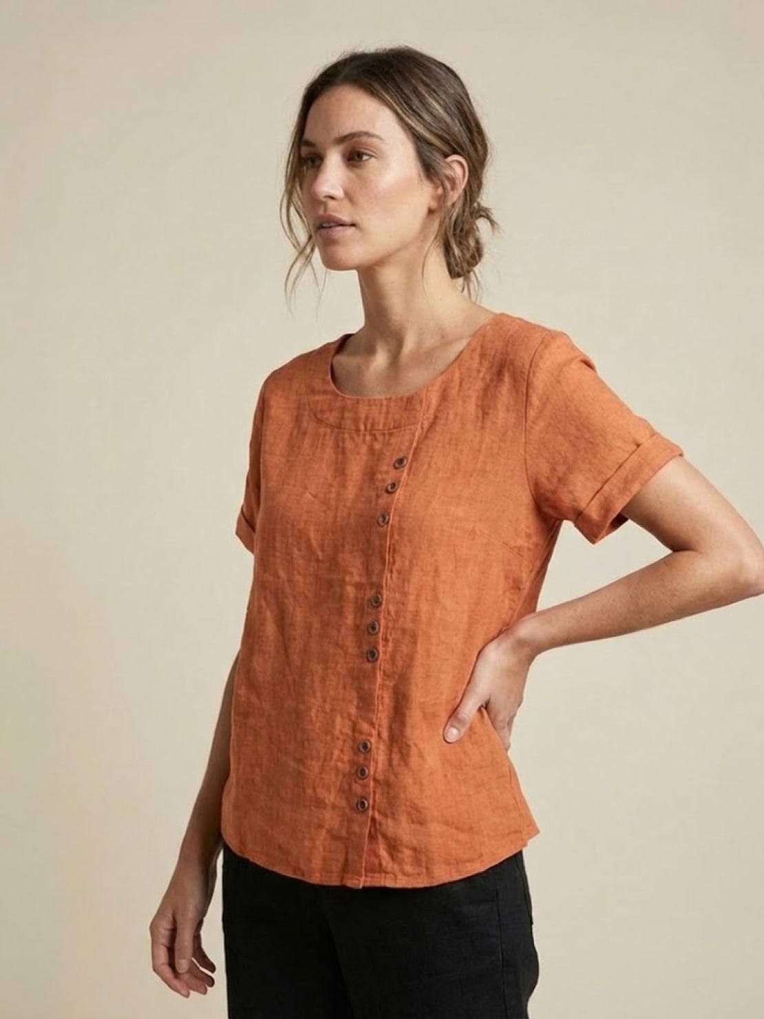 Foreen | Women's Casual Short Sleeve Top with Scoop Neck and Button Details