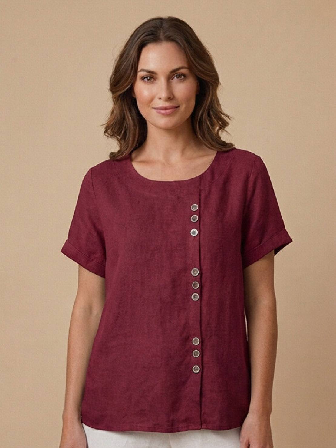 Foreen | Women's Short Sleeve Scoop Neck Top with Button Details