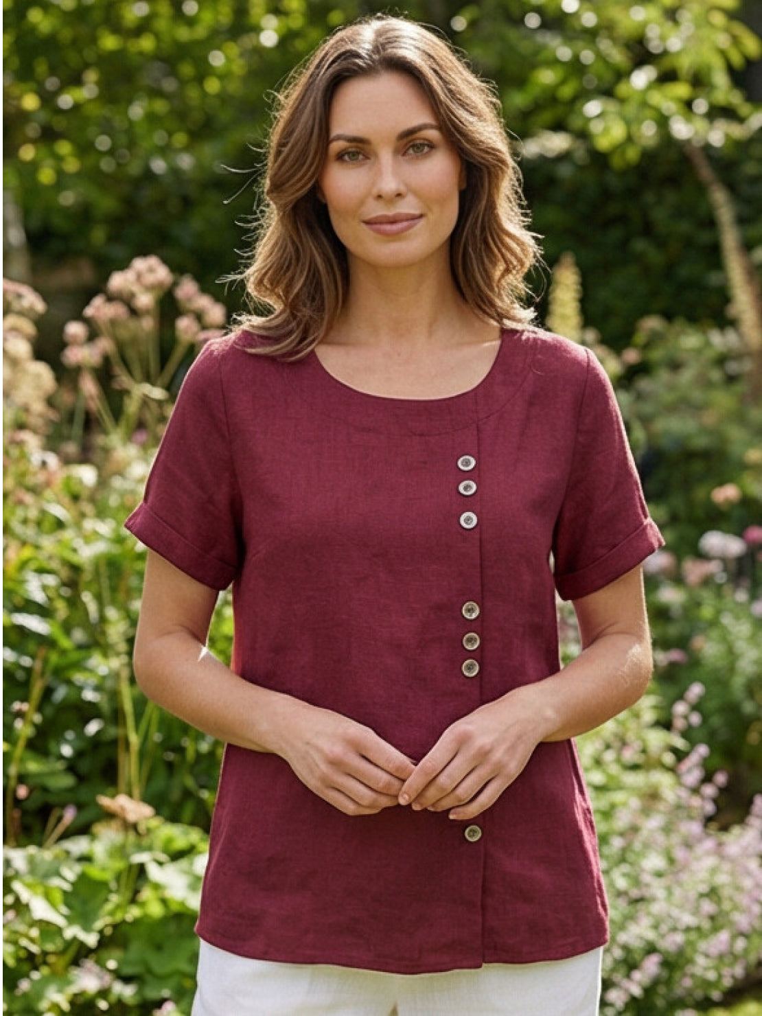 Foreen | Women's Short Sleeve Scoop Neck Top with Button Details