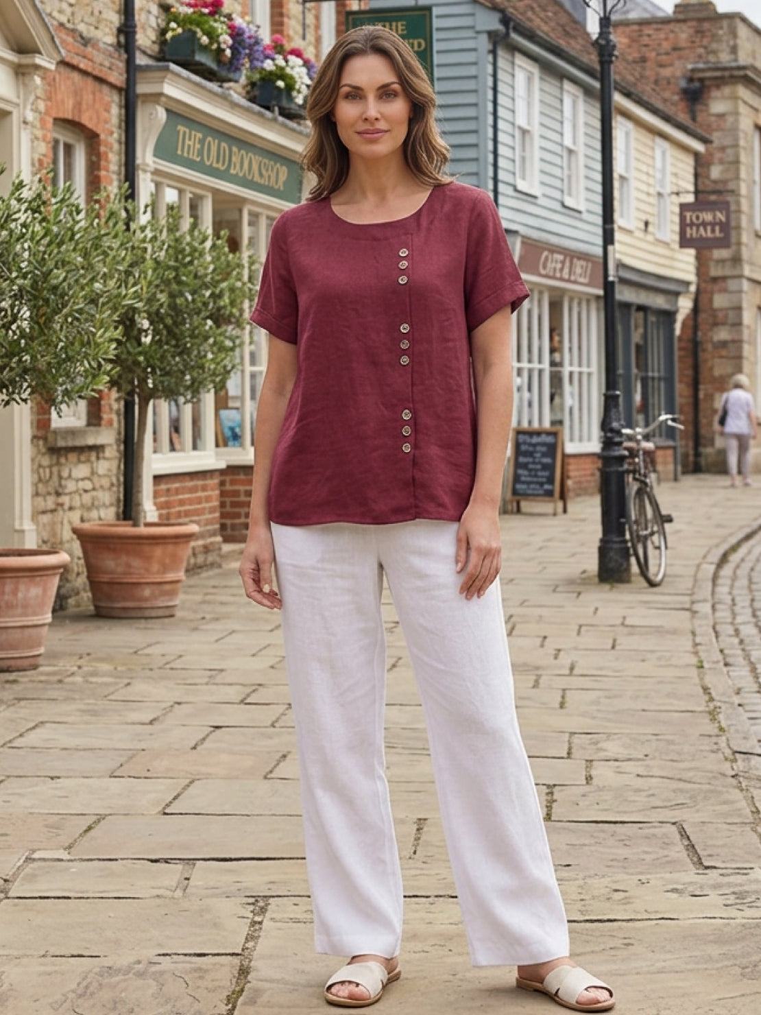 Foreen | Women's Short Sleeve Scoop Neck Top with Button Details