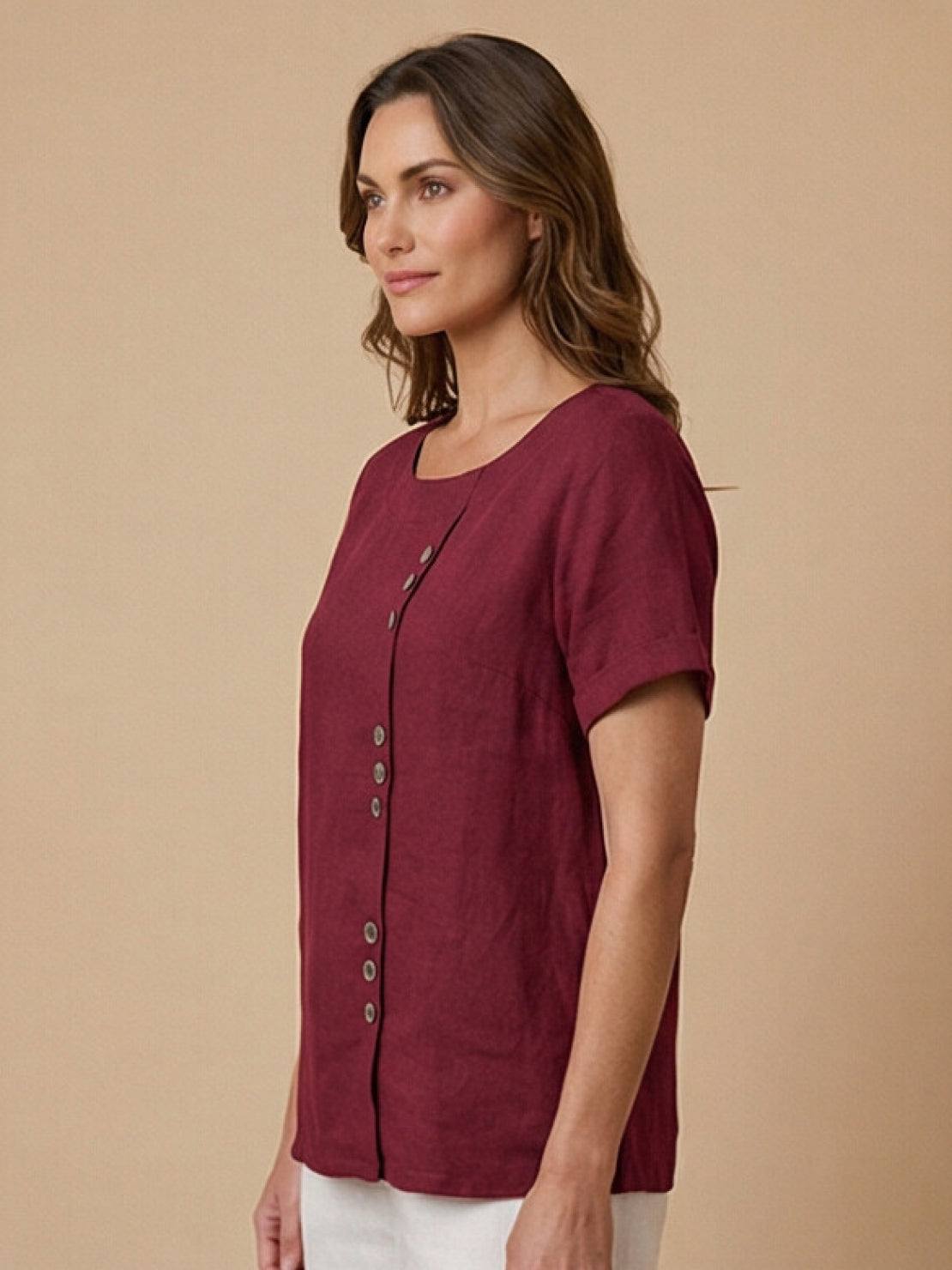 Foreen | Women's Casual Short Sleeve Top with Scoop Neck and Button Details