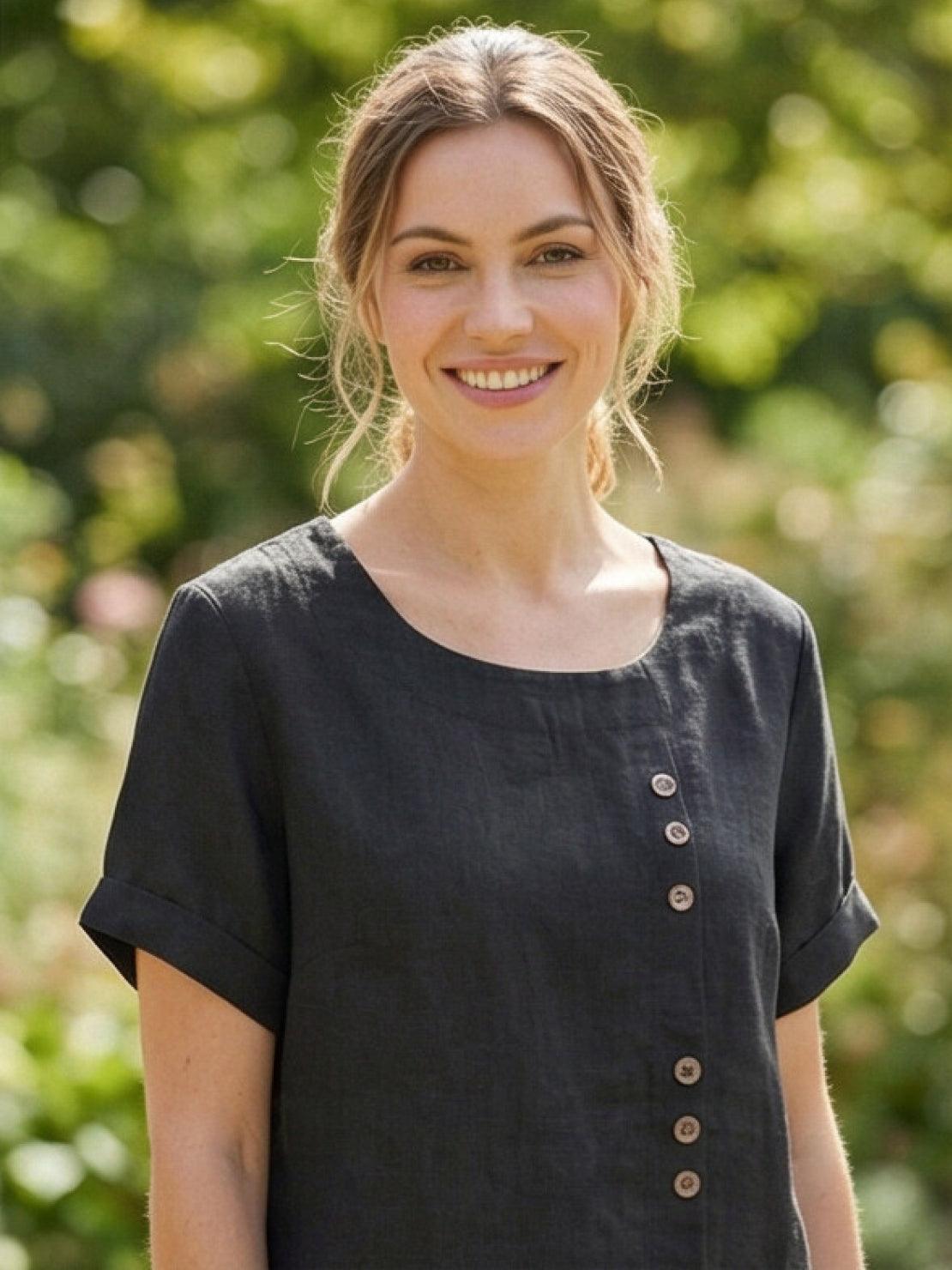 Foreen | Women's Casual Short Sleeve Top with Scoop Neck and Button Details