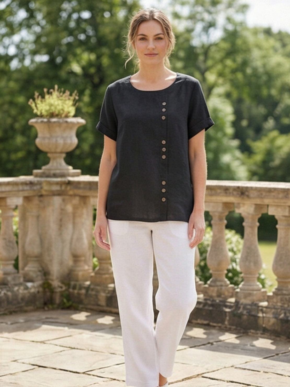 Foreen | Women's Short Sleeve Scoop Neck Top with Button Details