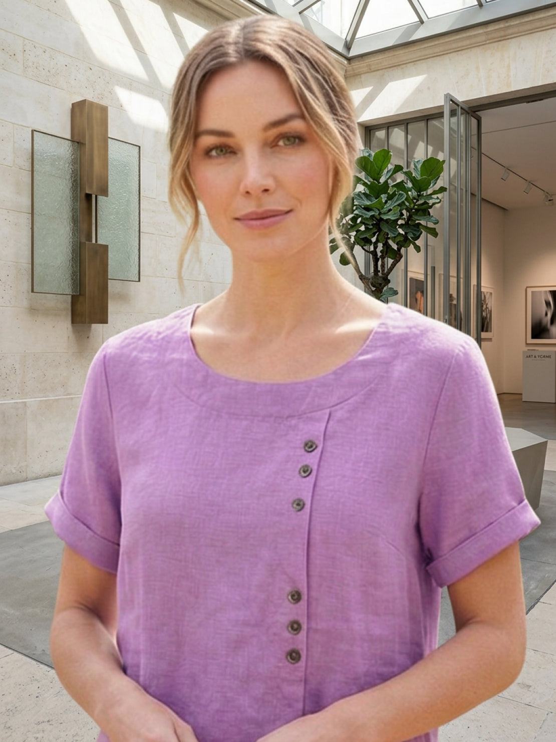 Foreen | Women's Short Sleeve Scoop Neck Top with Button Details