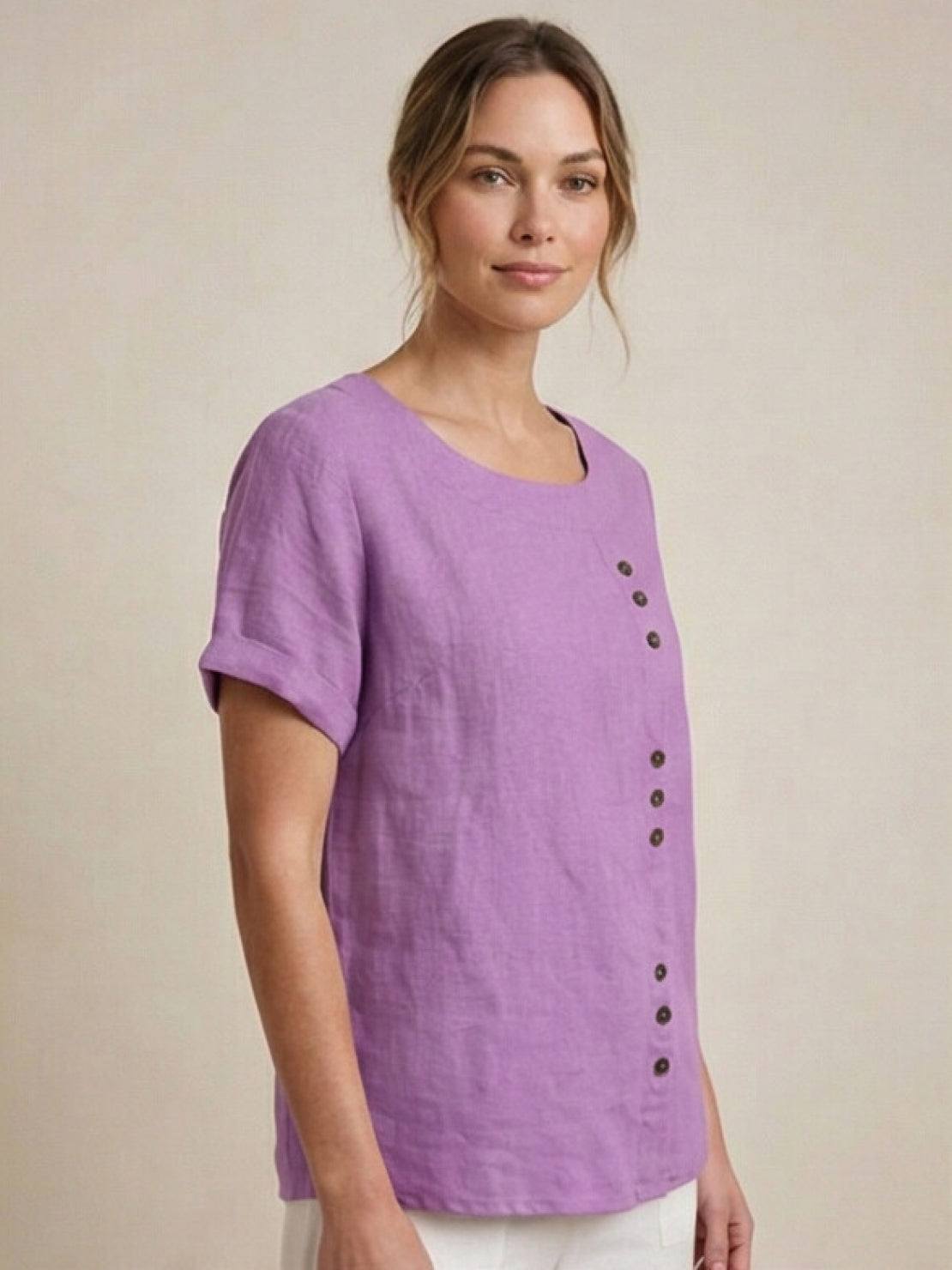 Foreen | Women's Short Sleeve Scoop Neck Top with Button Details