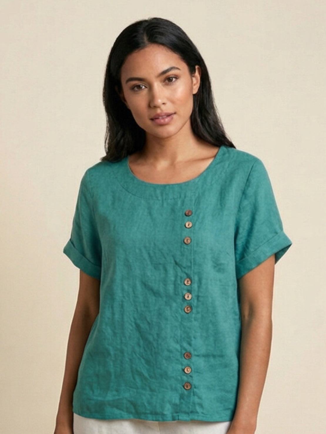 Foreen | Women's Short Sleeve Scoop Neck Top with Button Details