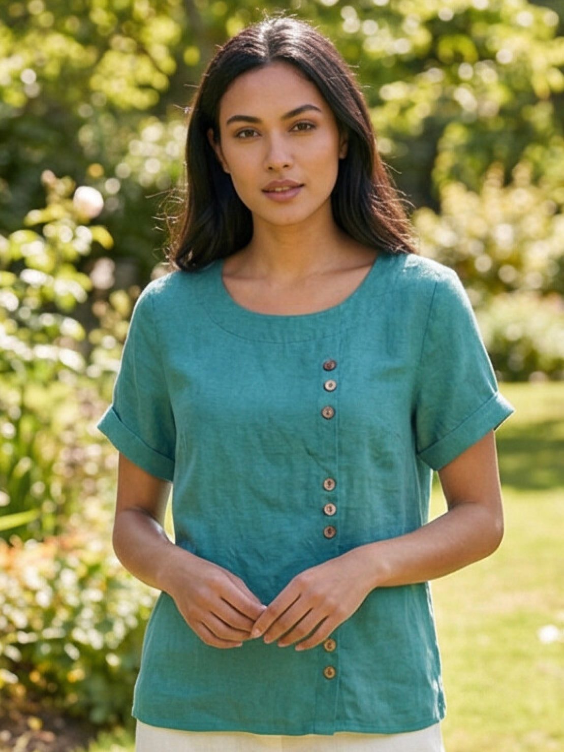 Foreen | Women's Casual Short Sleeve Top with Scoop Neck and Button Details