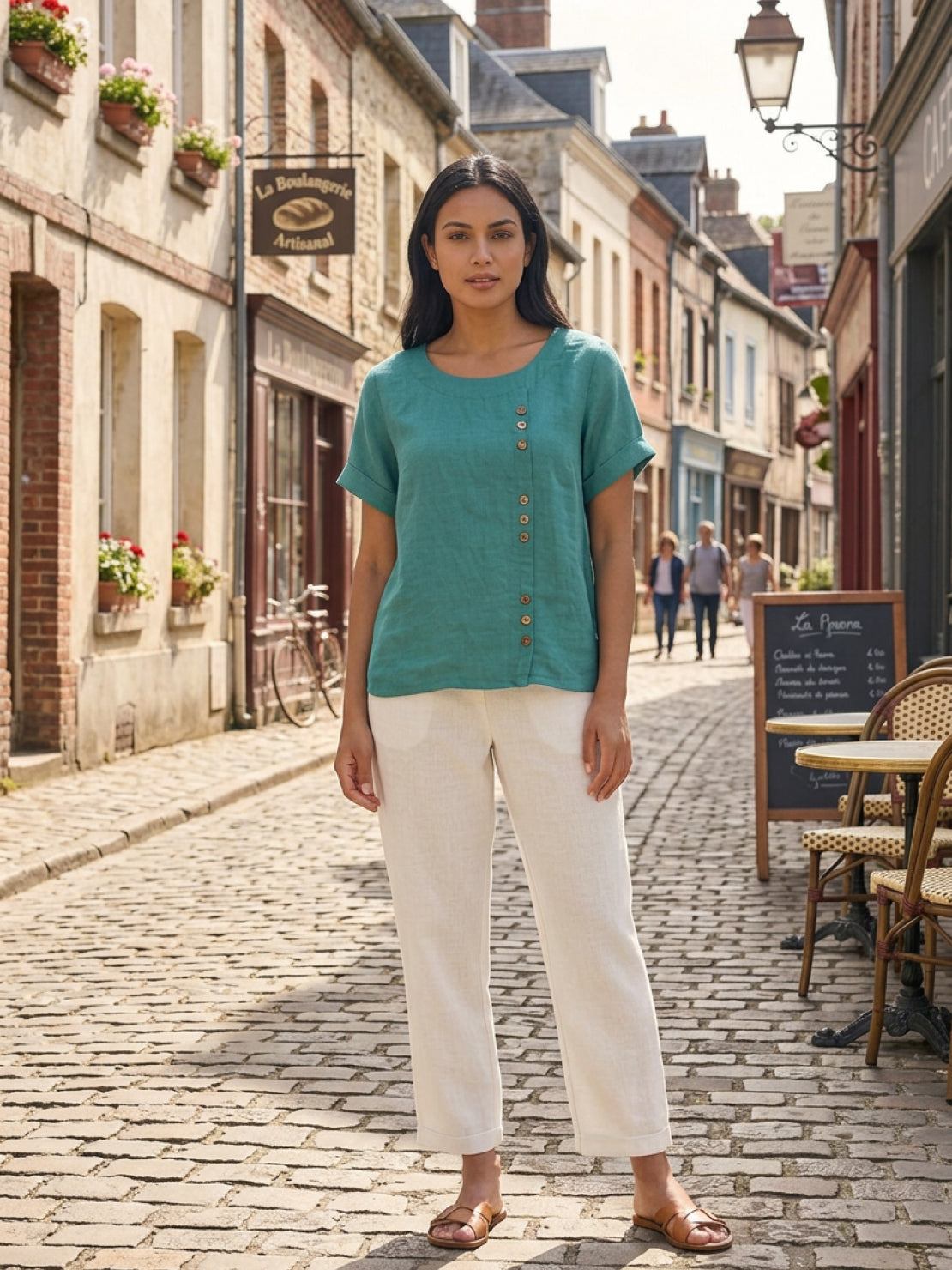 Foreen | Women's Short Sleeve Scoop Neck Top with Button Details