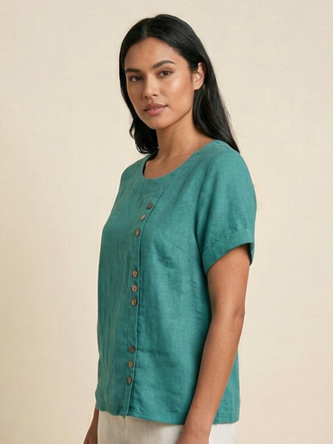 Foreen | Women's Casual Short Sleeve Top with Scoop Neck and Button Details